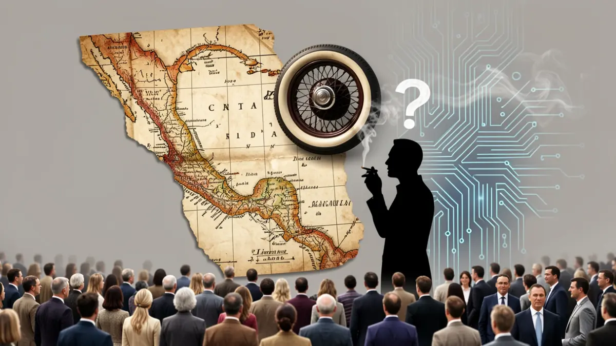 Collage of historical elements: old map, classic car wheel, smoker silhouette, and digital circuits.