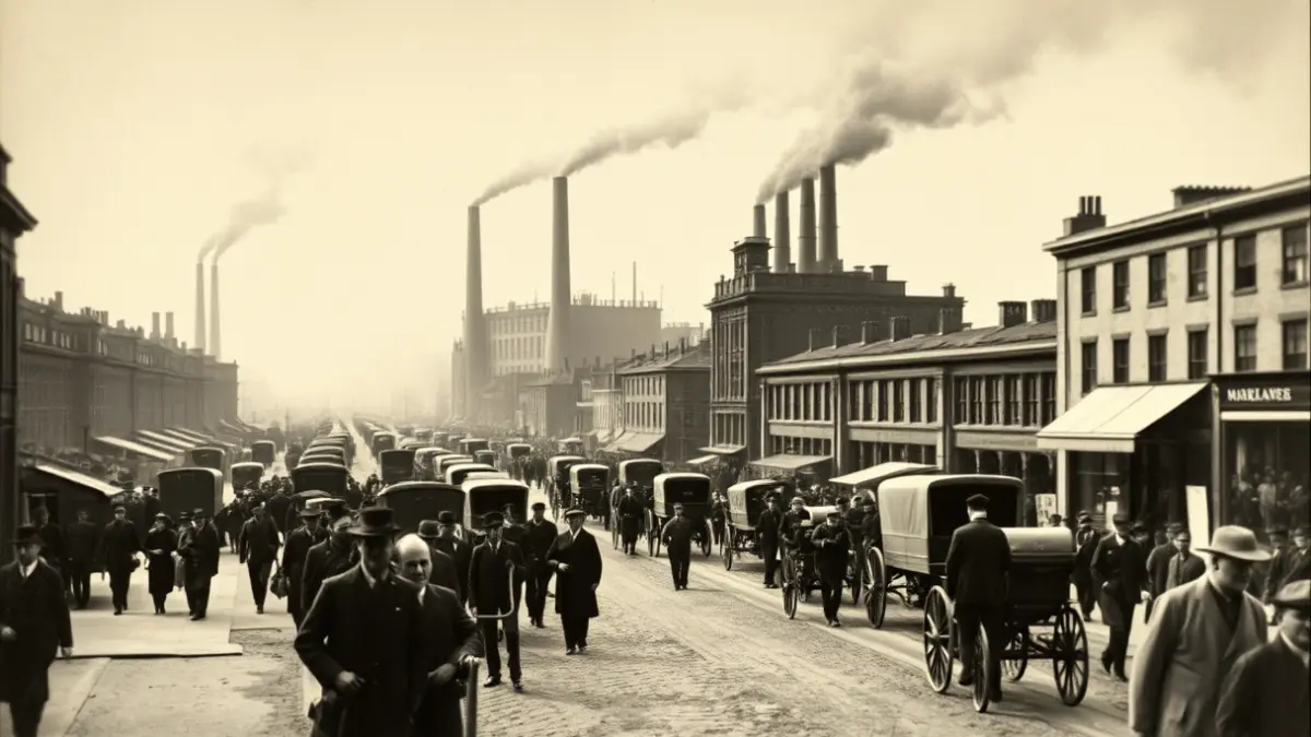 Imagen genérica de una calle industrial del siglo XIX, con trabajadores y fábricas.