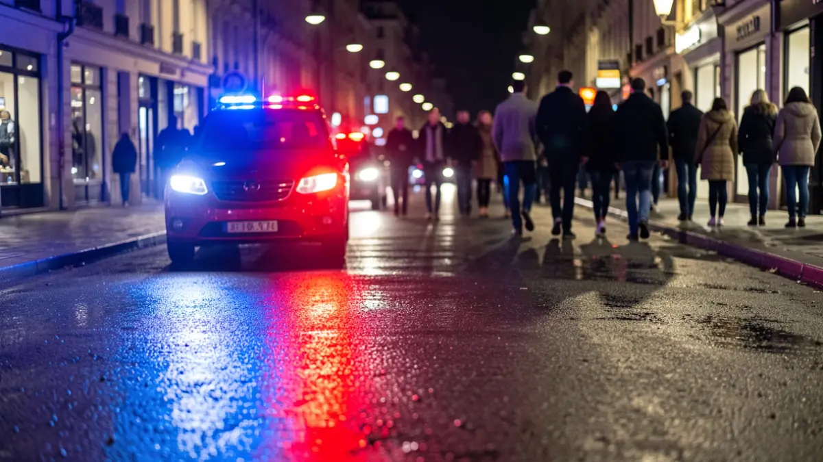 Imagen genérica de luces de emergencia policiales reflejándose en asfalto mojado por la noche.