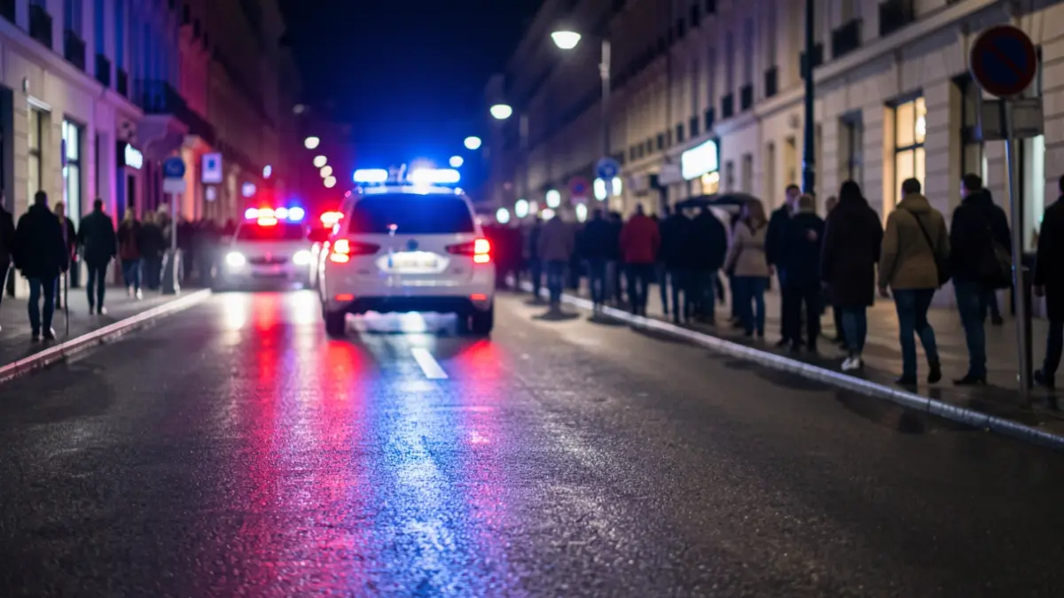 Imagen genérica de luces de emergencia azules y rojas reflejándose en el asfalto mojado por la noche.