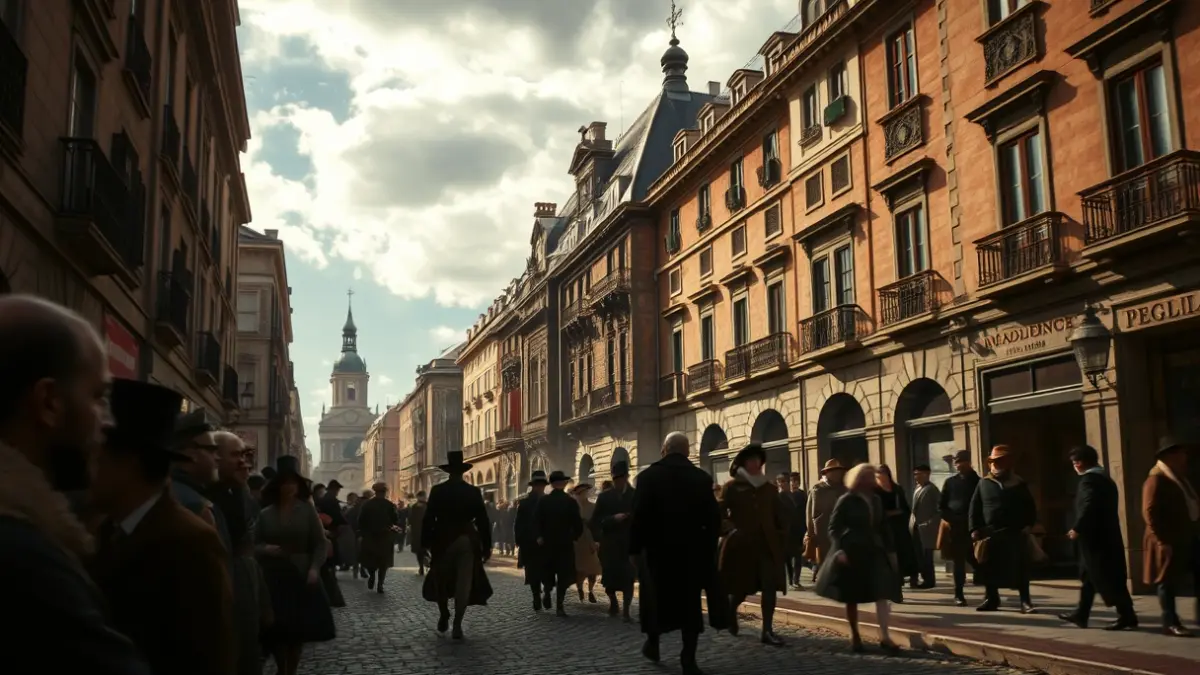 Image of a historical Madrid street in the 19th century, with blurred figures and an atmosphere of tension.