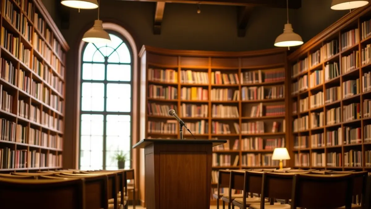 Imagen genérica de un interior de biblioteca con estanterías de madera y un podio con micrófono, iluminado cálidamente.