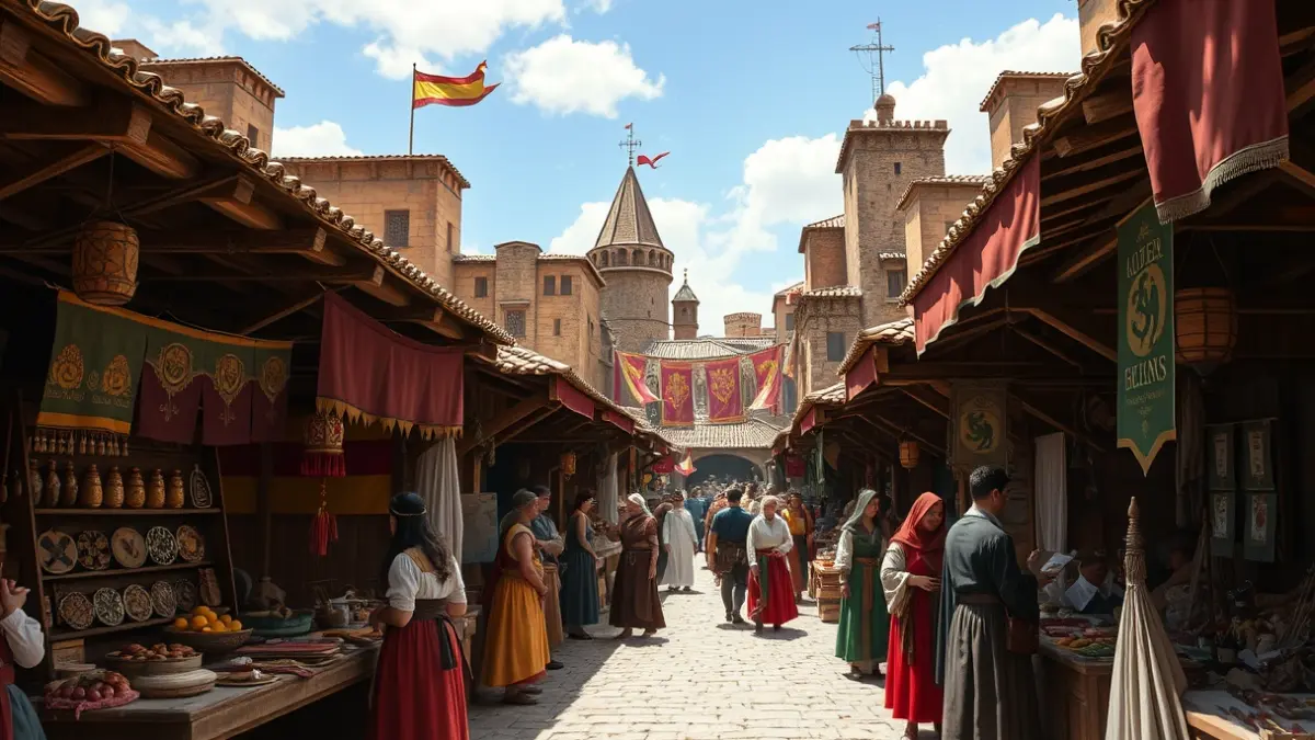 Imagen de la Gran Feria Medieval de El Álamo con puestos de artesanía y personas vestidas de época.