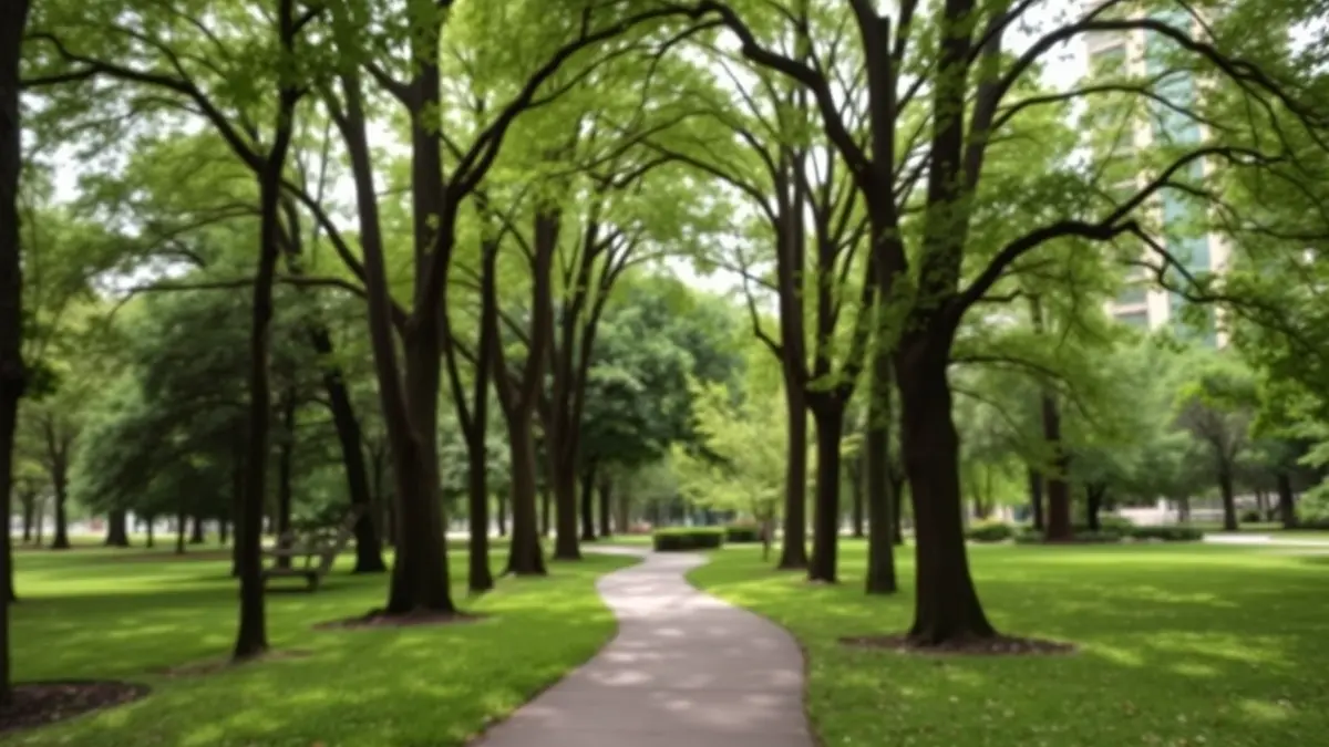 Image of an urban park with trees and paths, representing a green space in the city.
