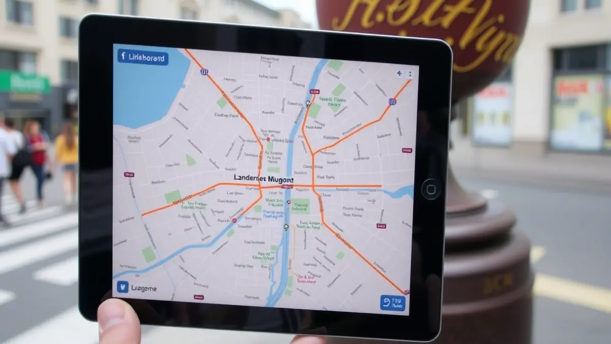 Imagen de un mapa de rutas peatonales en una ciudad, destacando puntos de interés.