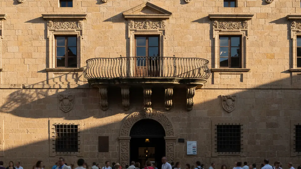 Facade of Madrid City Hall with balcony and iron railings, under warm afternoon sunlight.