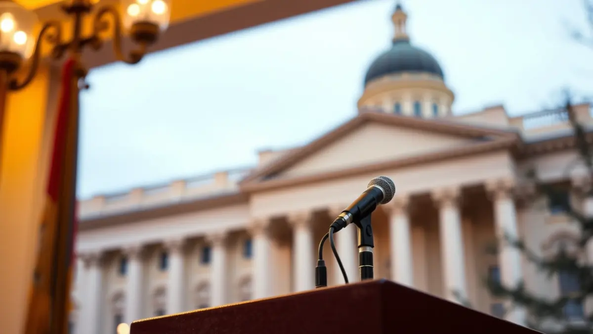 Generic image of a microphone on a podium, symbolizing a political statement or press conference.
