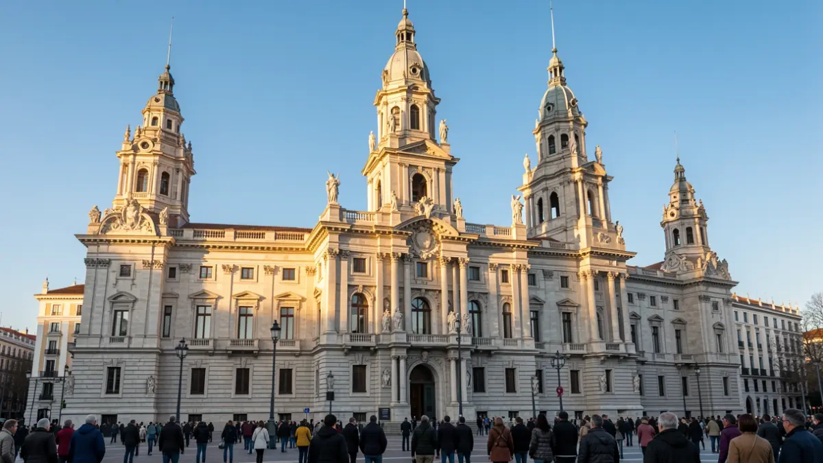 Fachada del Palacio de Cibeles, sede del Ayuntamiento de Madrid, bajo un cielo azul.