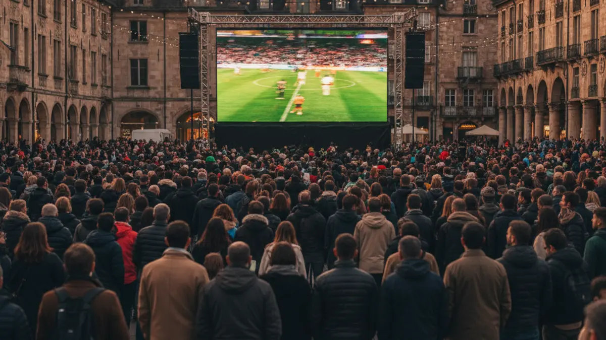 Image of a giant screen at a public event, showing a football match.