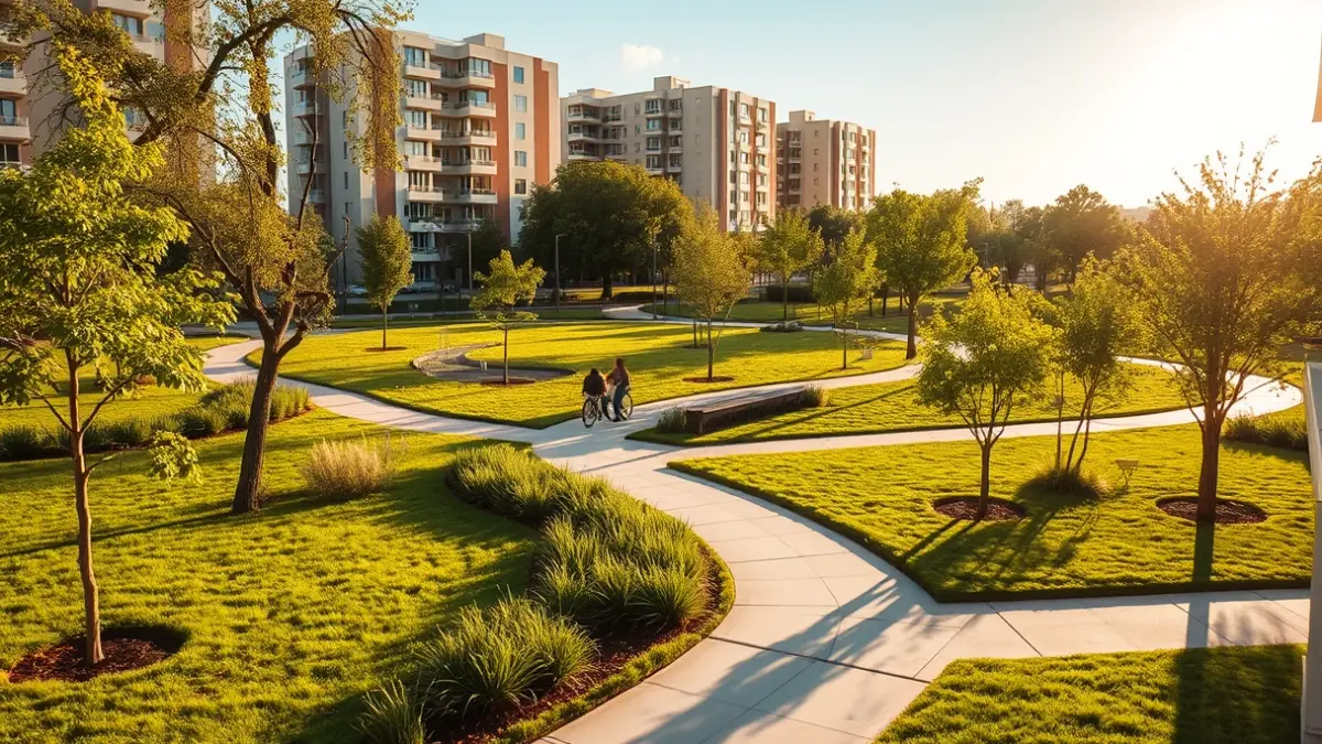 Imagen genérica de un parque urbano moderno y bien cuidado, con zonas verdes y caminos.