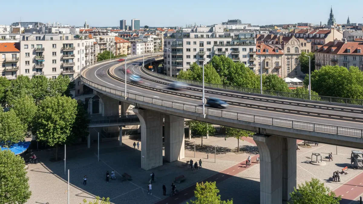 Imagen de un paso elevado de tráfico en una ciudad, con carriles y pasos peatonales.