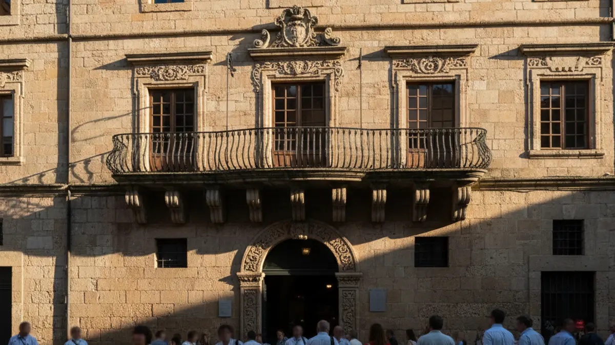 Fachada del ayuntamiento de Madrid con balcón y barandillas de hierro, bajo la luz del sol de la tarde.