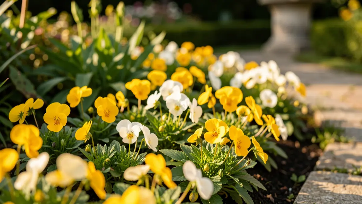 Yellow and white flowers recently planted in a garden bed in Madrid's Retiro Park.