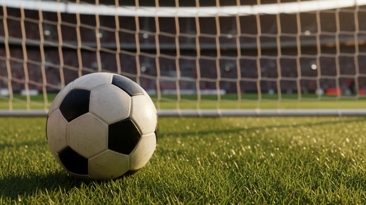Generic image of a soccer ball on a field, with a blurred goal in the background.