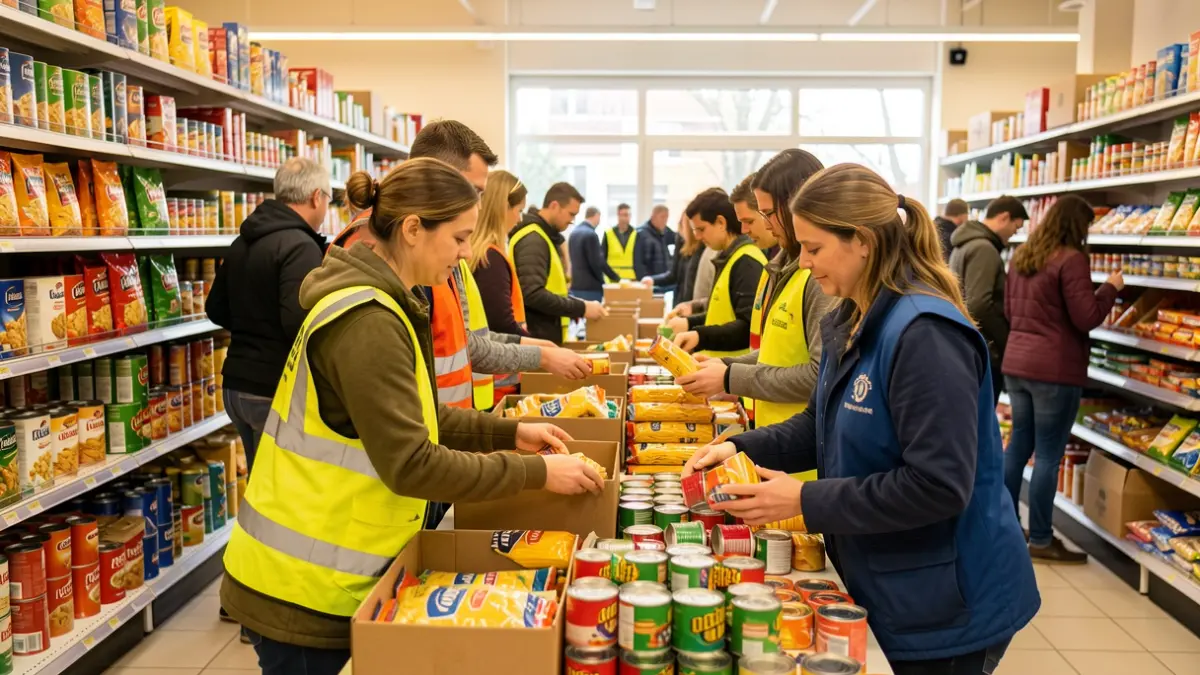 Imagen genérica de voluntarios recogiendo alimentos básicos en un supermercado.