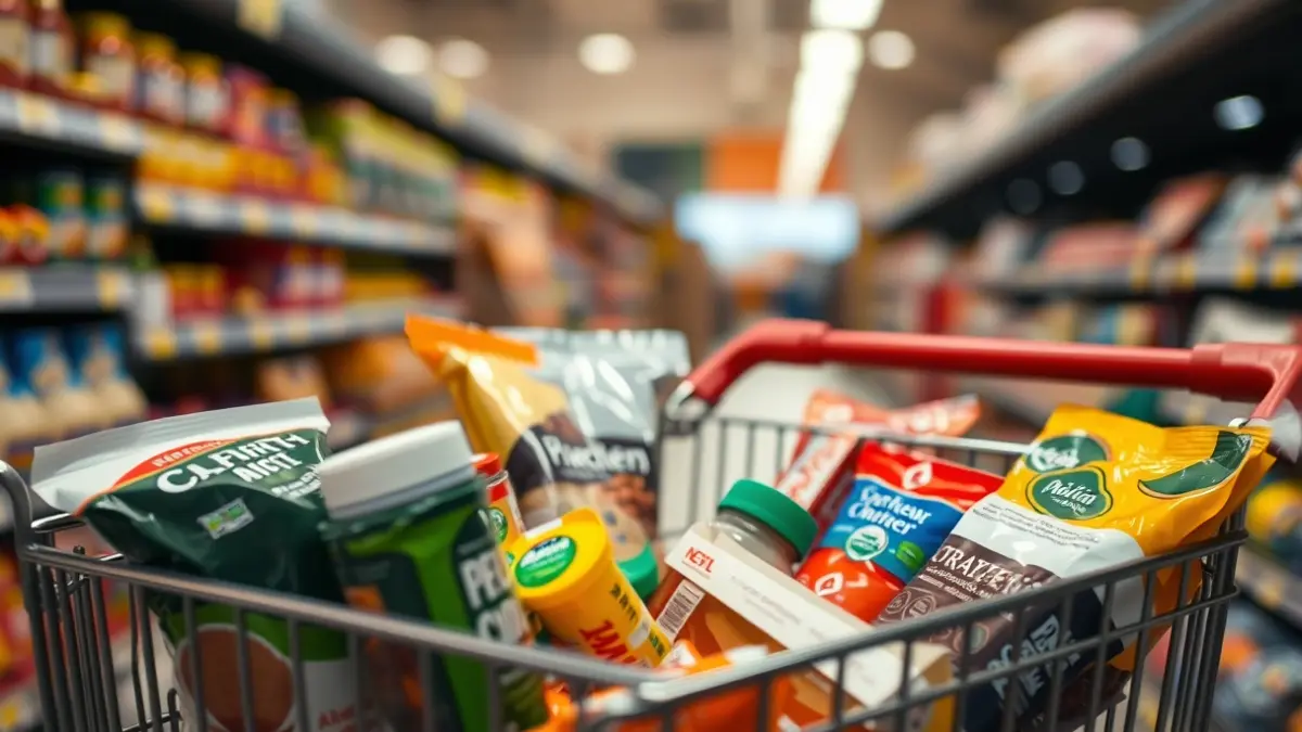 Generic image of a supermarket cart with non-perishable food items.