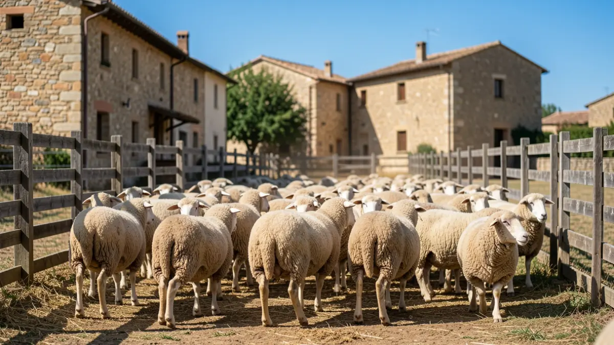 Imagen genérica de ovejas siendo trasladadas a corrales en un entorno rural español.