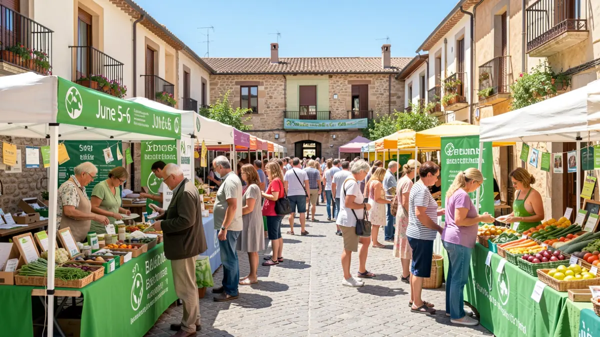 Image of a sustainability fair in a town square with stalls, workshops, and citizens.