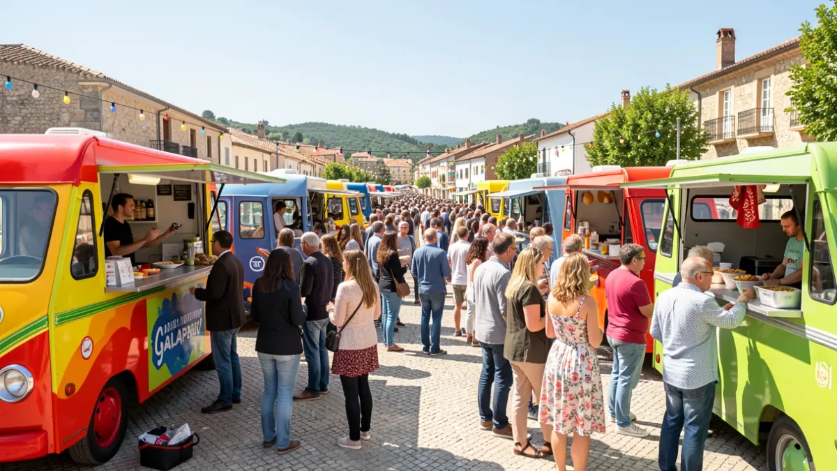 Generic image of a food festival in Galapagar with food trucks and people.
