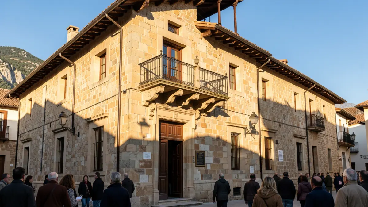 Fachada de un ayuntamiento tradicional de piedra con balcón y barandillas de hierro, bajo la luz del sol de la tarde.