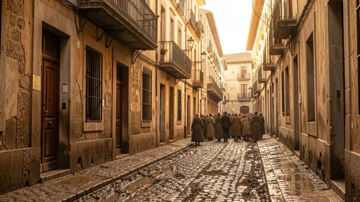 Historical representation of Madrid streets during the 16th century.