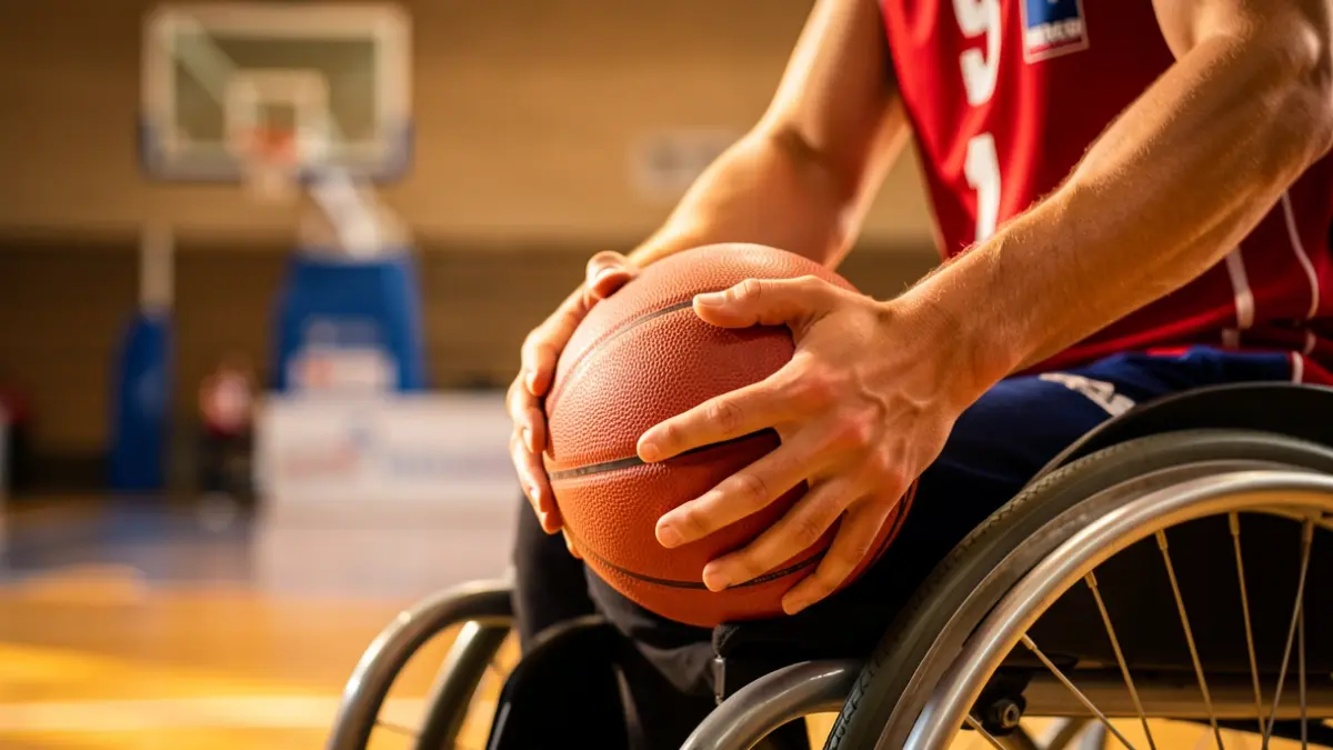 Primer plano de las manos de un jugador de baloncesto en silla de ruedas sujetando el balón.