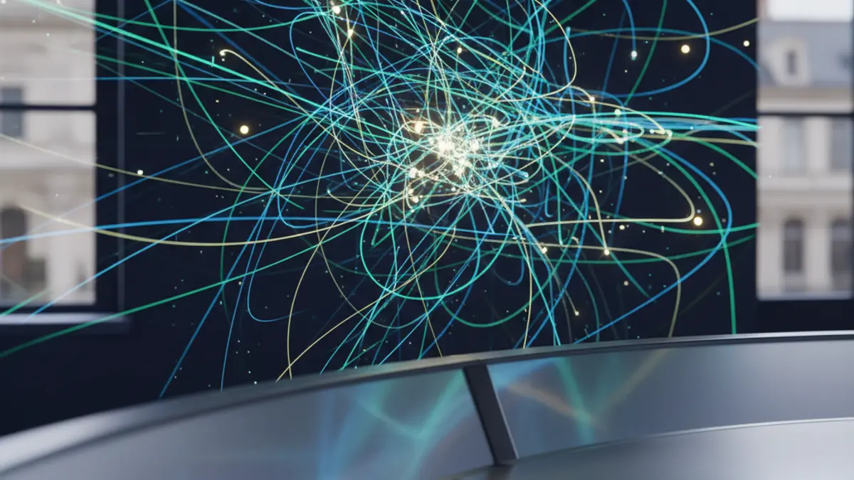 Generic image of light lines representing flight paths in an air traffic control center.
