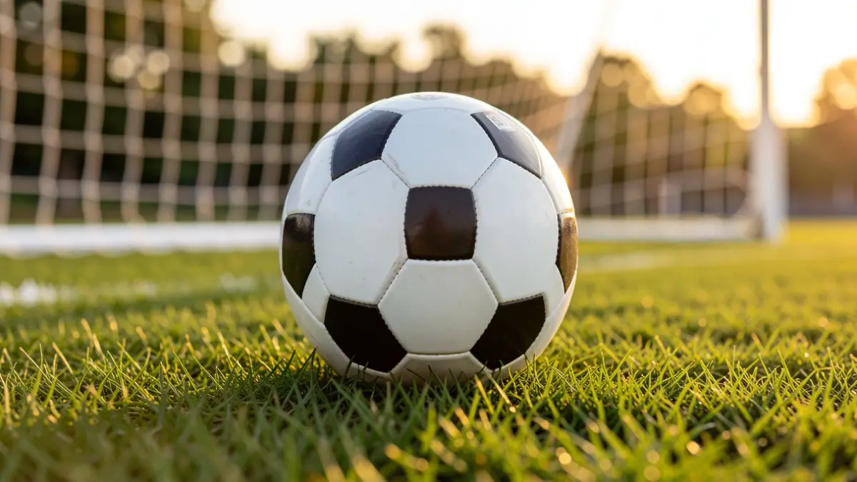 Imagen genérica de un balón de fútbol sobre césped con la red de una portería desenfocada.