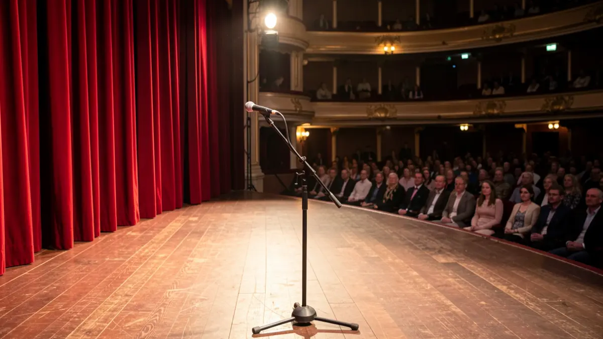 Generic image of a theater stage with curtains and a microphone.