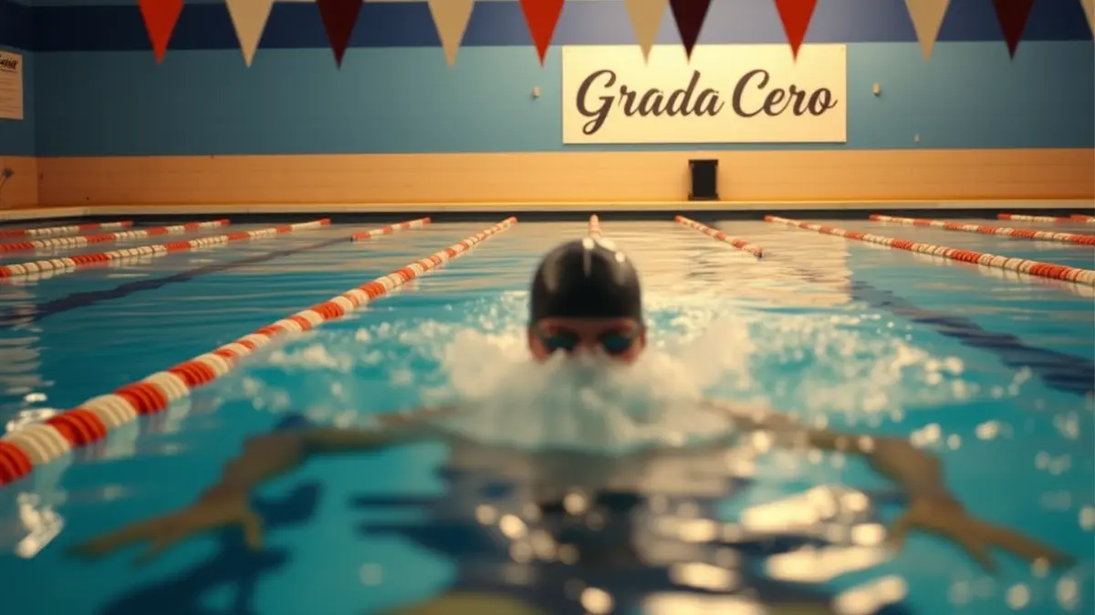 Image of a swimming pool with swimmers and a 'Grada Cero' sign in the background.