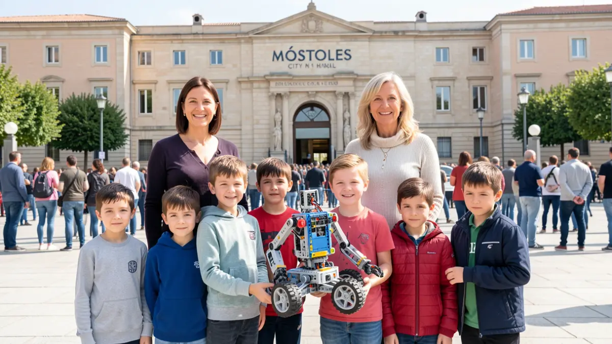 Equipo del Colegio Villa Europa de Móstoles posando con su robot de LEGO frente al Ayuntamiento.
