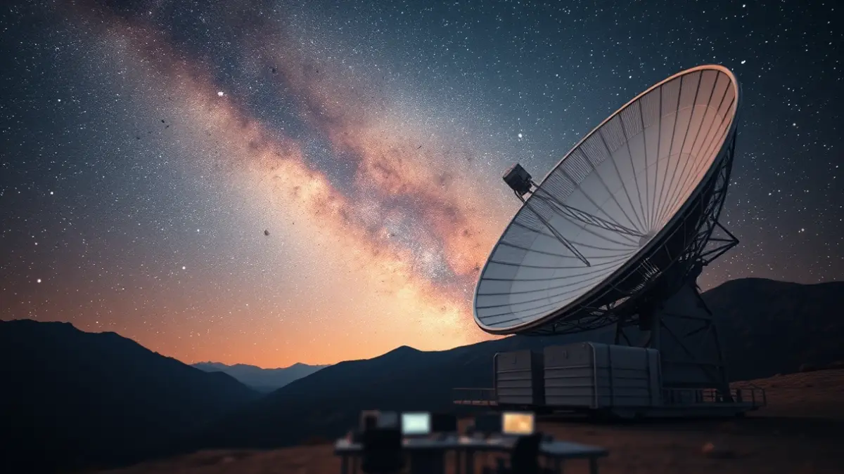 Imagen de una antena parabólica de comunicaciones espaciales bajo un cielo estrellado.