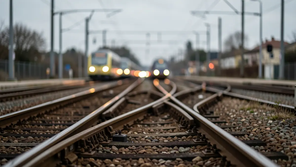 Imagen genérica de un cruce de vías de tren con luces borrosas, simbolizando incidencias en el transporte.