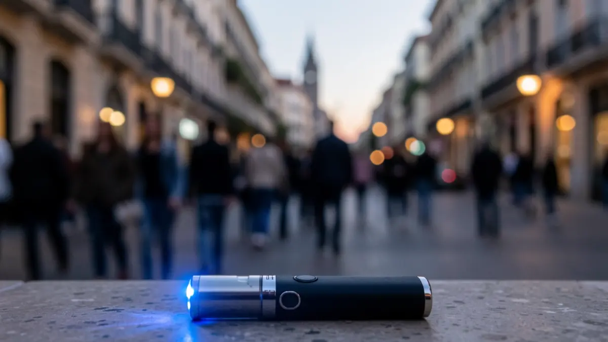 Close-up of a vape pen with blue light, on a blurred Madrid street background at dusk.