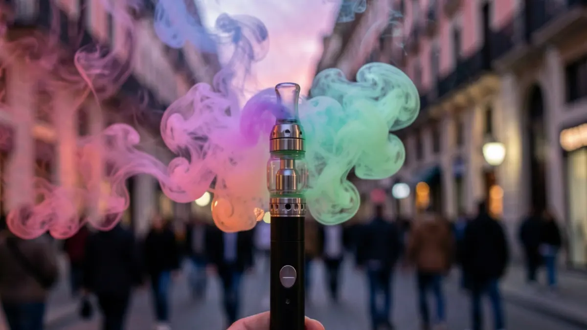 Close-up of a vape pen with colorful vapor clouds, against a blurred background of a Madrid street at dusk.