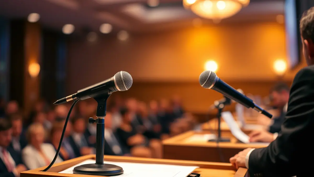 Generic image of a microphone on a podium during an urban event or forum.