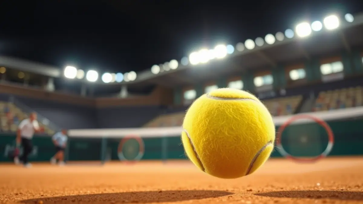 Imagen genérica de una pelota de tenis en una cancha de arcilla.