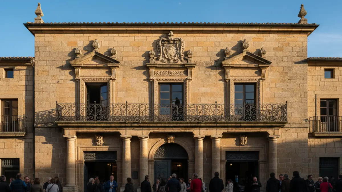 Stone town hall facade with ornate balcony