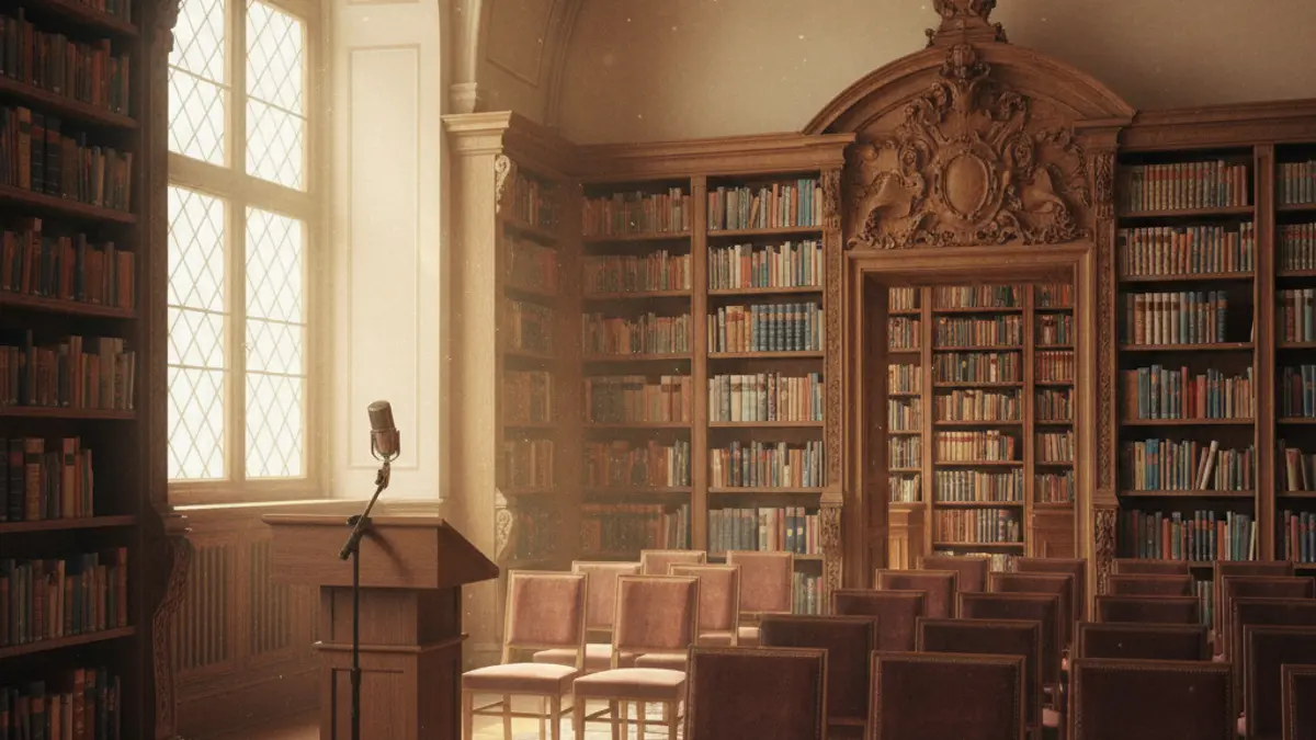 Generic image of a library interior with wooden bookshelves and a podium with a microphone, lit with warm light.
