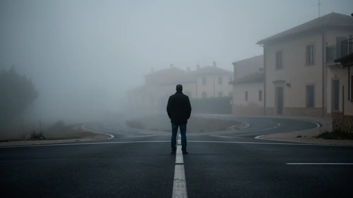 Figura solitaria en una encrucijada, simbolizando el futuro político.