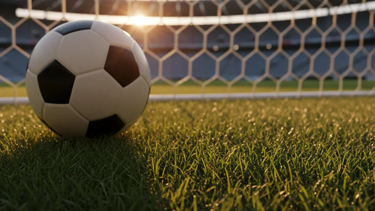Generic image of a soccer ball on a field, with the goal in the background.
