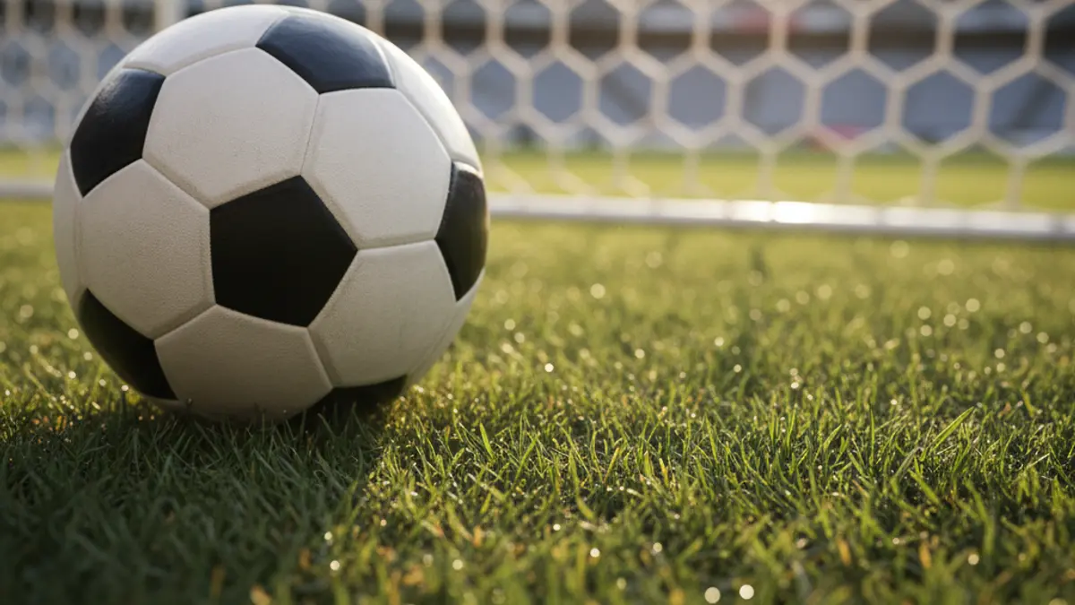 Generic image of a soccer ball on a field, with a blurred goal in the background.