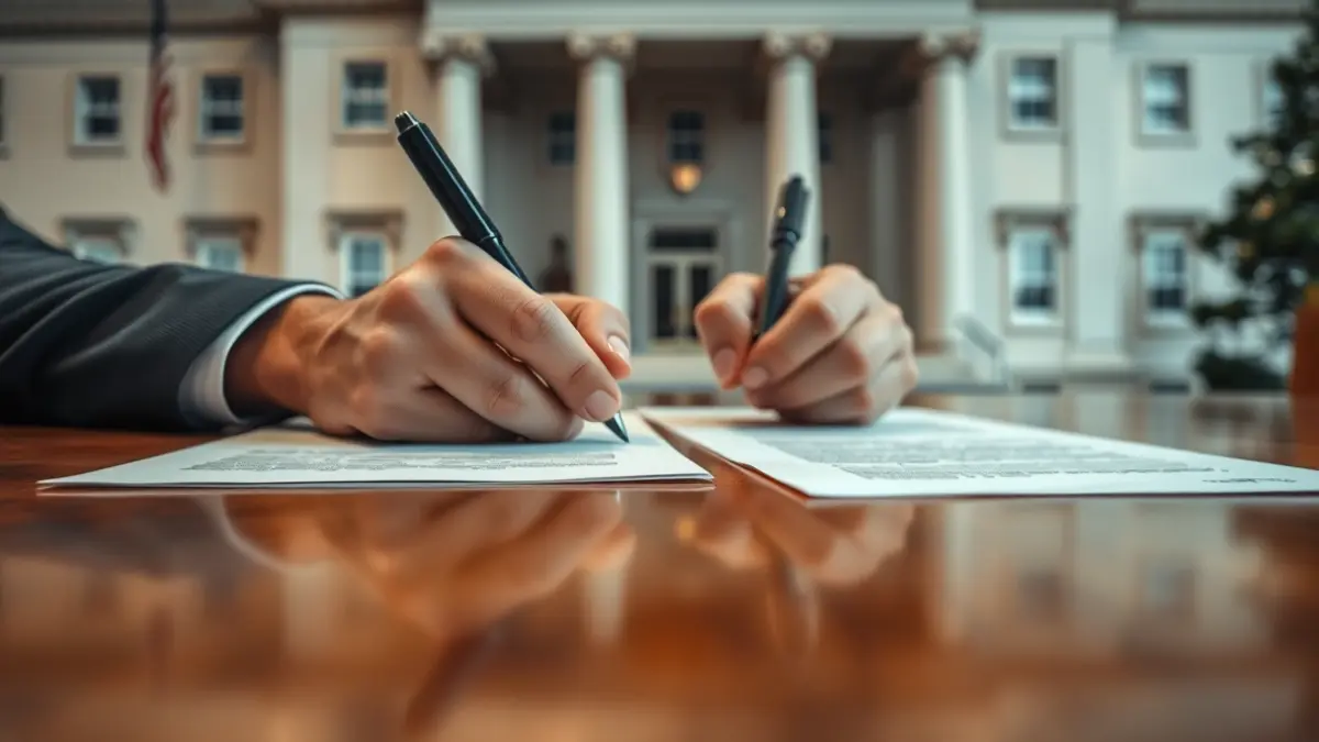 Imagen genérica de manos firmando documentos oficiales en una mesa de madera.