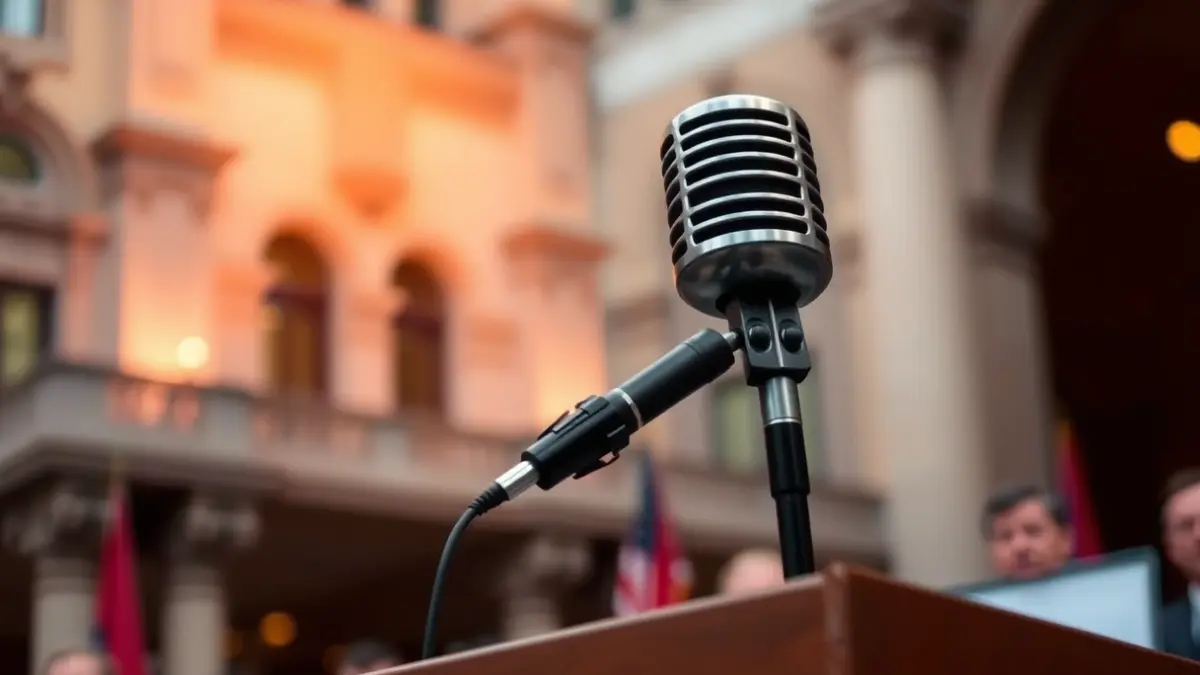 Generic image of a microphone on a podium, symbolizing a political speech.