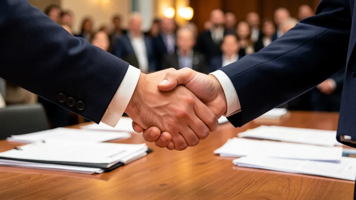 Generic image of two hands shaking over a desk with documents, symbolizing a political agreement.