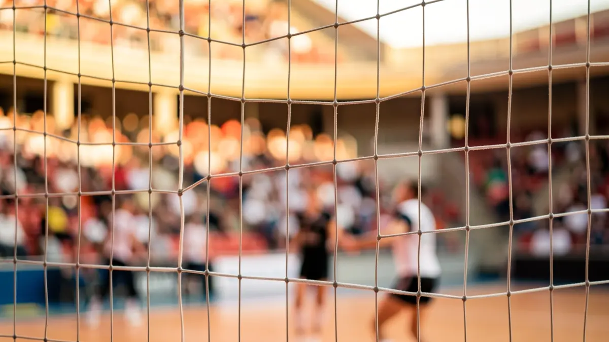 Volleyball net in a sports hall.