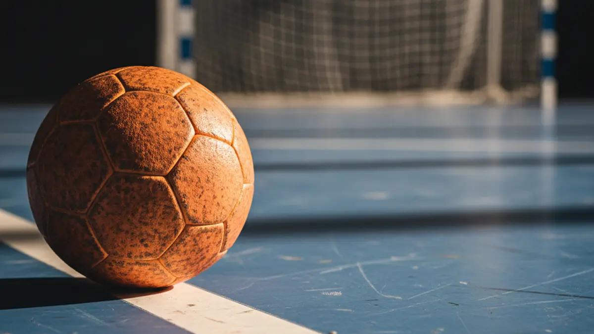 Imagen genérica de un balón de balonmano en la cancha.
