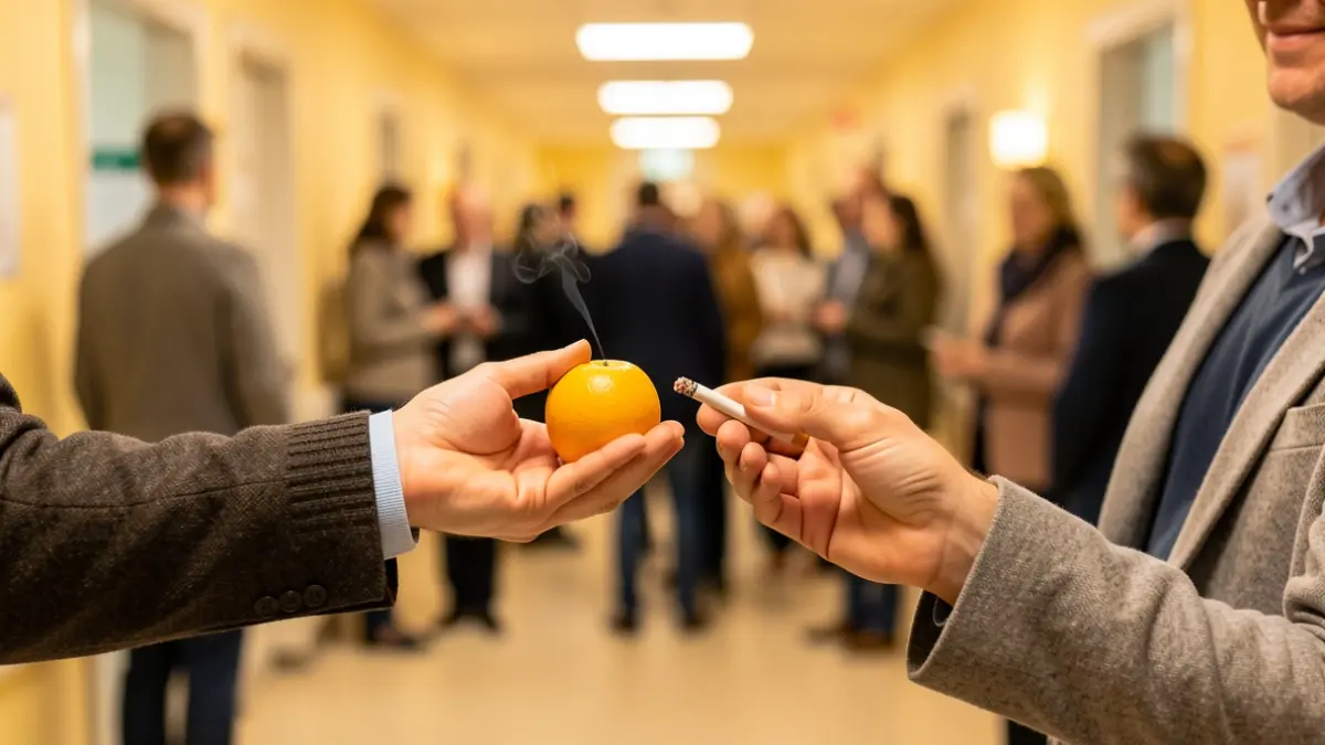 Generic image of a symbolic exchange of a cigarette for a piece of fruit.