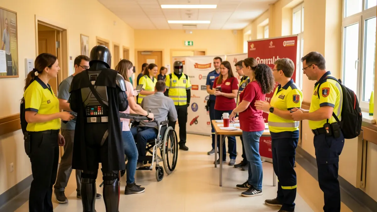 Image of a blood donation marathon in a hospital with volunteers and activities.