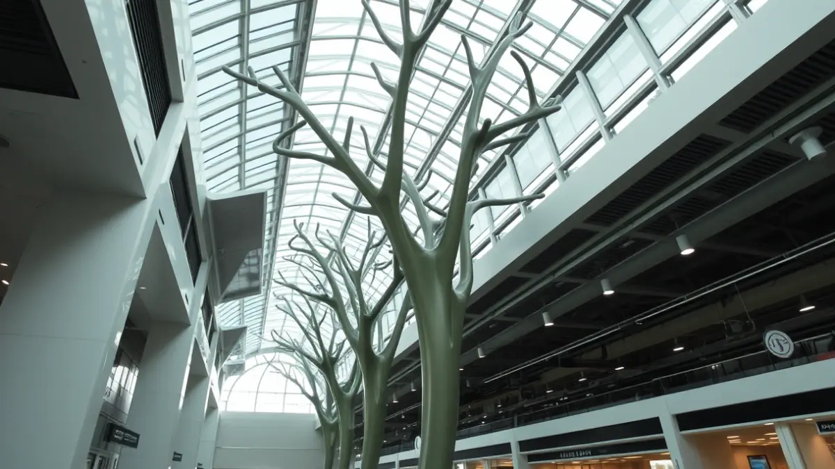 Image of the interior of a modern transport interchange with steel structures.